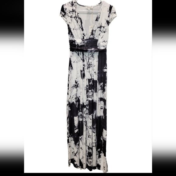 SOLD-Dress Day Women's Black/White V-Neck Long Maxi Dress Side slit Size Small - Picture 2 of 7